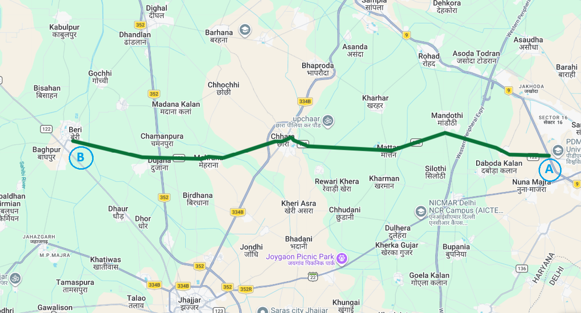 Bahadurgarh to Beri (Both side) - 30.70KM